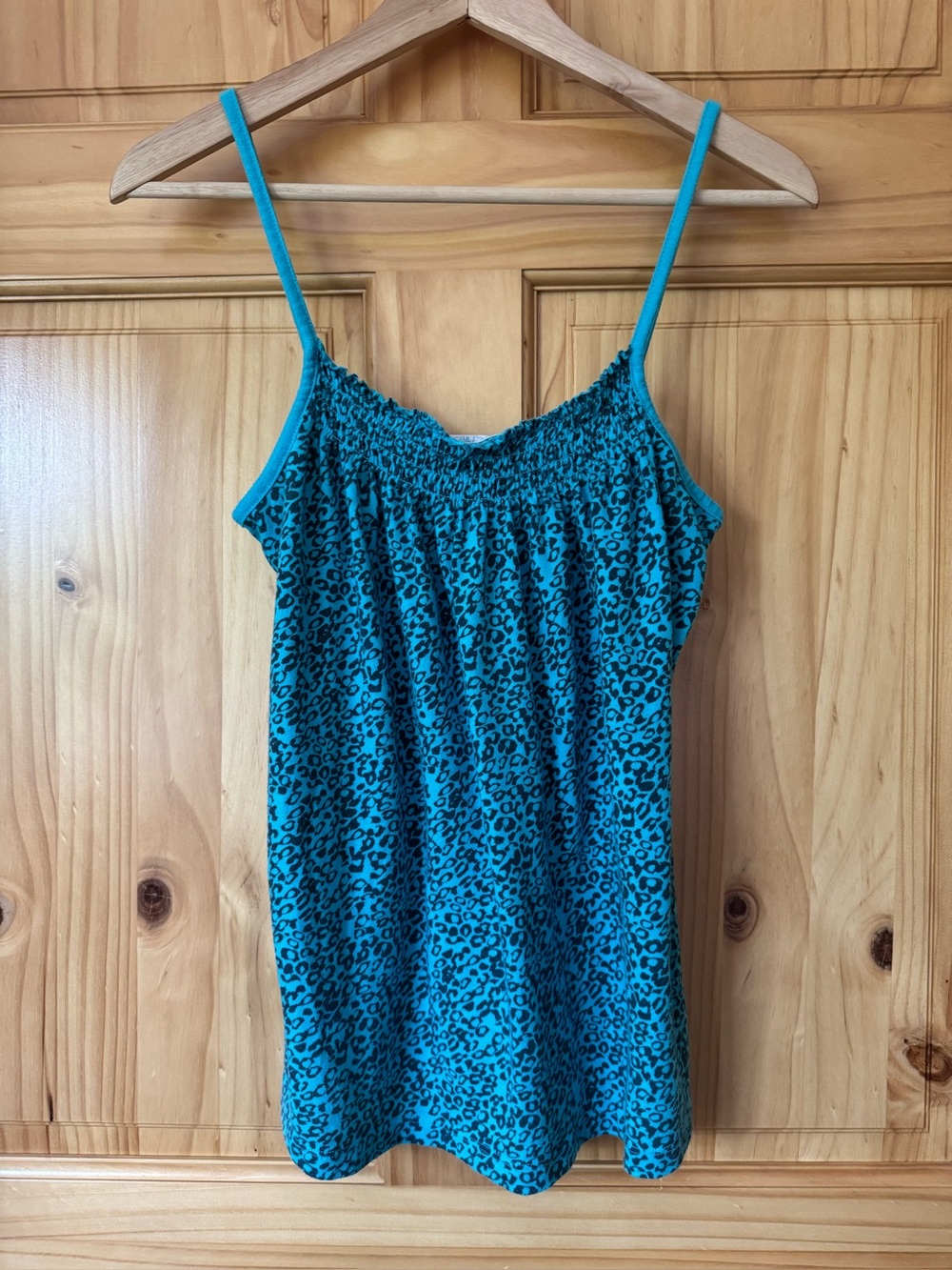 Lilu teal black cheetah leopard animal print smocked cami medium